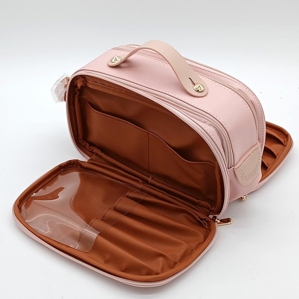 Pink Travel Toiletry Makeup Bag Organizer, Double Sided, Cosmetic Brush Holder